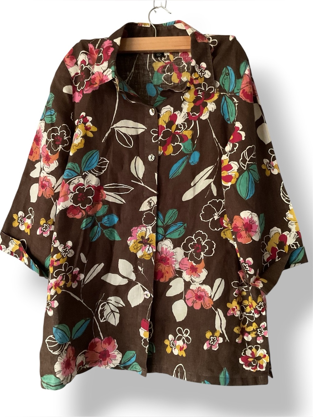 Women’s tunic floral blouse 100% linen collared  3/4 sleeves M/L lagenlook